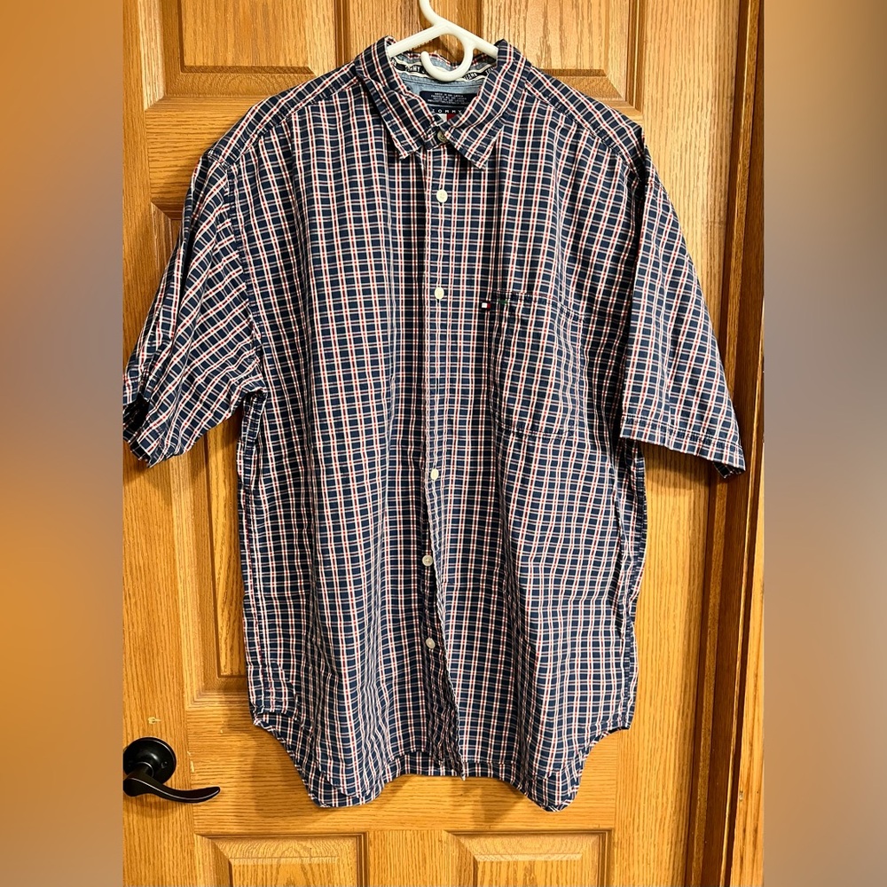 Tommy Hilfiger Navy, White & Red Plaid Short-Sleeve Button-Down